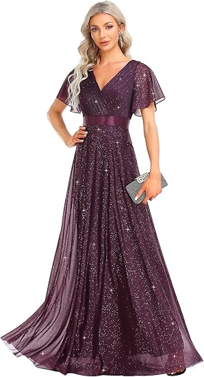 Womens Evening Dresses V Neck Short Sleeves A-line Glitter Formal Dresses